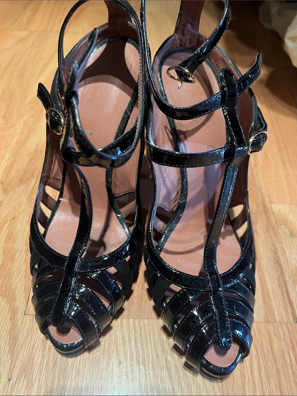 Giuseppe Zanotti Black Patent Strappy T-Strap Heels